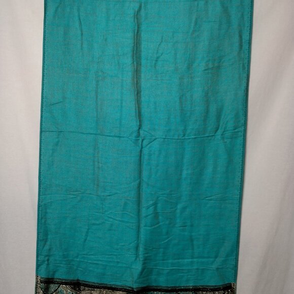 Cashmere Scarf Woven Turquoise Blue Black Metallic Gold Design Fringe Artsy Wrap - Picture 10 of 16